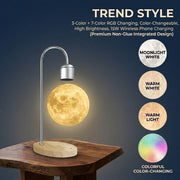 Maglev Floating Moon Lamp with 15W Wireless Charger, 3D Printed Sphere, 3 Color Temperatures & 7-Color RGB Gradient, Metal Stand, Ideal Bedside Decor, Desk Light, and Gift Choice (Black, Trend Style,3‑Color + 7‑Color RGB Changing,Color‑Changeable,High Bri