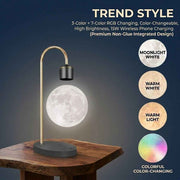 Darrahopens Home & Garden > Lighting > Night Lights & Ambient Lighting Maglev Floating Moon Lamp with 15W Wireless Charger, 3D Printed Sphere, 3 Color Temperatures & 7-Color RGB Gradient, Metal Stand, Ideal Bedside Decor, Desk Light, and Gift Choice (Gold, Trend Style,3‑Color + 7‑Color RGB Changing,Color‑Changeable,High Brig
