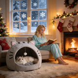 Cozy Semi-Enclosed Cat Cave Bed with Plush Toy Ball, 2-in-1 Convertible Design for Small Dogs and Rabbits, Soft Furry Shelter for Anxious Pets (L, Grey) In Australia - Darrahopens