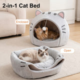 Cozy Semi-Enclosed Cat Cave Bed with Plush Toy Ball, 2-in-1 Convertible Design for Small Dogs and Rabbits, Soft Furry Shelter for Anxious Pets (L, Grey)