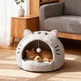 Cozy Semi-Enclosed Cat Cave Bed with Plush Toy Ball, 2-in-1 Convertible Design for Small Dogs and Rabbits, Soft Furry Shelter for Anxious Pets (M, Grey)