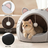 Cozy Semi-Enclosed Cat Cave Bed with Plush Toy Ball, 2-in-1 Convertible Design for Small Dogs and Rabbits, Soft Furry Shelter for Anxious Pets (S, Grey)