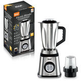 2-in-1 Electric Blender and Grinder with Stainless Steel Body, 1.5L Large Capacity Jar and Compact Glass Grinding Cup for Smoothies, Juices, Coffee Beans and Dry Ingredients (Silver)