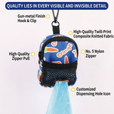 Stylish Printed Dog Walk Pouch, Pet Waste Bag Dispenser with Bone-Shaped Outlet, Mini Backpack Design with Hooks and Straps for Leashes, Keys, and Small Essentials (Blue)