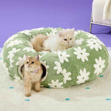 2-in-1 Plush Donut Cat Tunnel Bed, Checkered Pattern Pet Cave with Interactive Hanging Ball, Non-Slip Bottom, Foldable Design for Indoor Cats and Kittens (Blue)