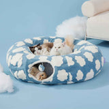 2-in-1 Plush Donut Cat Tunnel Bed, Checkered Pattern Pet Cave with Interactive Hanging Ball, Non-Slip Bottom, Foldable Design for Indoor Cats and Kittens (Coffee)