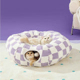 2-in-1 Plush Donut Cat Tunnel Bed, Checkered Pattern Pet Cave with Interactive Hanging Ball, Non-Slip Bottom, Foldable Design for Indoor Cats and Kittens (Coffee)