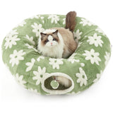 2-in-1 Plush Donut Cat Tunnel Bed, Checkered Pattern Pet Cave with Interactive Hanging Ball, Non-Slip Bottom, Foldable Design for Indoor Cats and Kittens (Coffee)