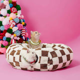 2-in-1 Plush Donut Cat Tunnel Bed, Checkered Pattern Pet Cave with Interactive Hanging Ball, Non-Slip Bottom, Foldable Design for Indoor Cats and Kittens (Green)