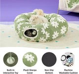 2-in-1 Plush Donut Cat Tunnel Bed, Checkered Pattern Pet Cave with Interactive Hanging Ball, Non-Slip Bottom, Foldable Design for Indoor Cats and Kittens (Green)
