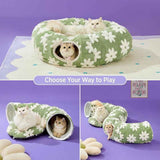 2-in-1 Plush Donut Cat Tunnel Bed, Checkered Pattern Pet Cave with Interactive Hanging Ball, Non-Slip Bottom, Foldable Design for Indoor Cats and Kittens (Purple)