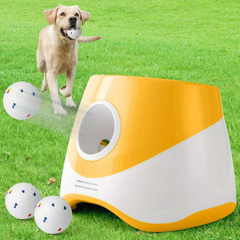 Automatic Dog Tennis Ball Launcher for Indoor & Outdoor Play, Adjustable 3-Speed Thrower with 3 Durable Chew Balls, Rechargeable Fetch Machine for Small, Medium, and Large Dogs (Yellow) In Australia - Darrahopens