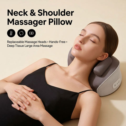 Wireless Neck and Shoulder Kneading Massage Pillow with Ergonomic Contour Design for Home Office and Full Body Relaxation (Taupe) In Australia - Darrahopens