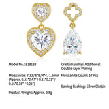 Elegant Asymmetric Moissanite Earrings Set in Dual-Plated 925 Silver with Heart and Four-Leaf Clover Designs, Featuring Eight Hearts and Eight Arrows Cut Stones for Everyday Chic and Special Occasion Wear (Moissanite, Premium S925)