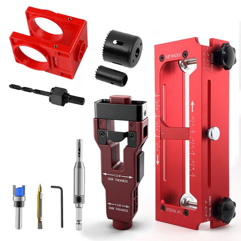 10-Piece Door Hinge and Lock Installation Kit with Adjustable Router Template, Hole Saw, Drill Bits and Driver Bits for Woodworking, Home Improvement and Interior Door Fitting Projects (Red) In Australia - Darrahopens
