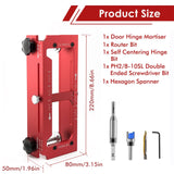 10-Piece Door Hinge and Lock Installation Kit with Adjustable Router Template, Hole Saw, Drill Bits and Driver Bits for Woodworking, Home Improvement and Interior Door Fitting Projects (Red)