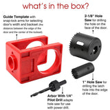10-Piece Door Hinge and Lock Installation Kit with Adjustable Router Template, Hole Saw, Drill Bits and Driver Bits for Woodworking, Home Improvement and Interior Door Fitting Projects (Red)