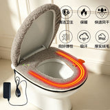 USB-Powered Heated Toilet Seat Cover Set with Soft Plush Fabric, Adjustable Temperature & Timer, Easy-to-Clean PU Leather Bottom, Suitable for Cold Season Home Use (Khaki)