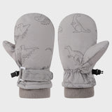 Kids' Dinosaur Patterned Warm Ski Mittens with Waterproof Shell, Adjustable Wrist Straps, and Anti-Loss Clip for Winter Outdoor Play, Snow, and Cold Weather Adventures (L, Grey)