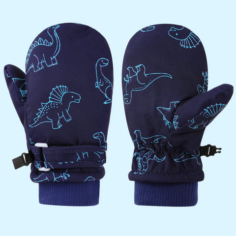 Kids' Dinosaur Patterned Warm Ski Mittens with Waterproof Shell, Adjustable Wrist Straps, and Anti-Loss Clip for Winter Outdoor Play, Snow, and Cold Weather Adventures (L, Navy)