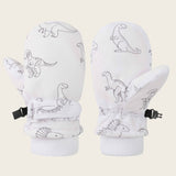 Kids' Dinosaur Patterned Warm Ski Mittens with Waterproof Shell, Adjustable Wrist Straps, and Anti-Loss Clip for Winter Outdoor Play, Snow, and Cold Weather Adventures (L, White)