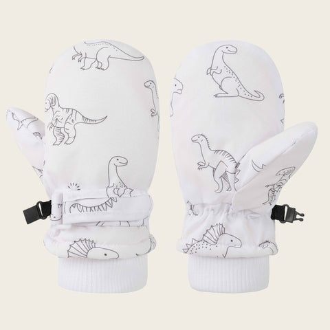 Kids' Dinosaur Patterned Warm Ski Mittens with Waterproof Shell, Adjustable Wrist Straps, and Anti-Loss Clip for Winter Outdoor Play, Snow, and Cold Weather Adventures (L, White)