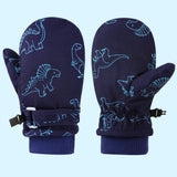 Kids' Dinosaur Patterned Warm Ski Mittens with Waterproof Shell, Adjustable Wrist Straps, and Anti-Loss Clip for Winter Outdoor Play, Snow, and Cold Weather Adventures (L, White)