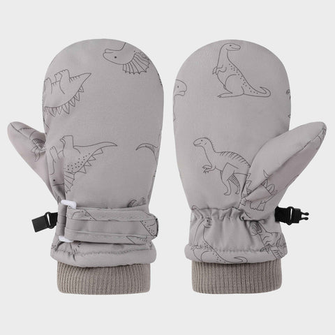 Kids' Dinosaur Patterned Warm Ski Mittens with Waterproof Shell, Adjustable Wrist Straps, and Anti-Loss Clip for Winter Outdoor Play, Snow, and Cold Weather Adventures (M, Grey)