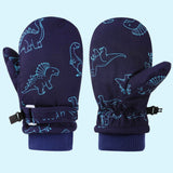 Kids' Dinosaur Patterned Warm Ski Mittens with Waterproof Shell, Adjustable Wrist Straps, and Anti-Loss Clip for Winter Outdoor Play, Snow, and Cold Weather Adventures (M, Navy)