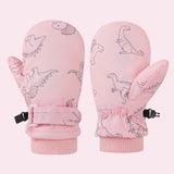 Kids' Dinosaur Patterned Warm Ski Mittens with Waterproof Shell, Adjustable Wrist Straps, and Anti-Loss Clip for Winter Outdoor Play, Snow, and Cold Weather Adventures (M, Pink)