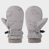 Kids' Dinosaur Patterned Warm Ski Mittens with Waterproof Shell, Adjustable Wrist Straps, and Anti-Loss Clip for Winter Outdoor Play, Snow, and Cold Weather Adventures (S, Grey)