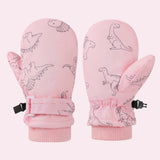 Kids' Dinosaur Patterned Warm Ski Mittens with Waterproof Shell, Adjustable Wrist Straps, and Anti-Loss Clip for Winter Outdoor Play, Snow, and Cold Weather Adventures (S, Pink)