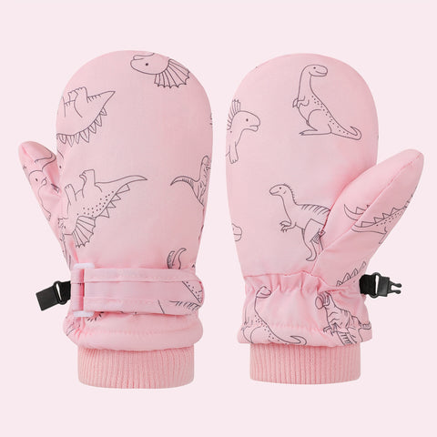 Kids' Dinosaur Patterned Warm Ski Mittens with Waterproof Shell, Adjustable Wrist Straps, and Anti-Loss Clip for Winter Outdoor Play, Snow, and Cold Weather Adventures (S, Pink)