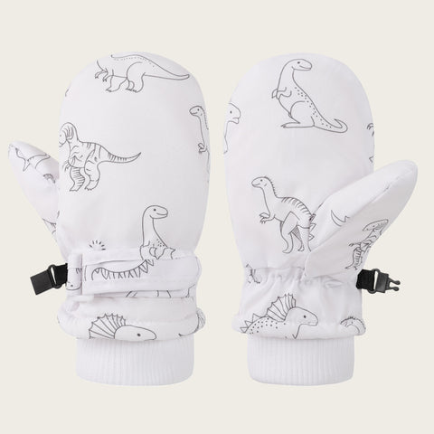 Kids' Dinosaur Patterned Warm Ski Mittens with Waterproof Shell, Adjustable Wrist Straps, and Anti-Loss Clip for Winter Outdoor Play, Snow, and Cold Weather Adventures (S, White)