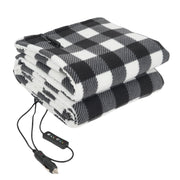 12V Car Electric Blanket for Cozy Winter Travel – Soft Fleece Heating Throw for Cars, Trucks, RVs, and Camping – Dual-Color Plaid Design with Warm Sherpa Lining – Portable, Safe, and Energy-Efficient (Black)