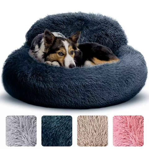 Cozy Plush Donut Pet Bed with Raised Rim, Washable Faux Fur Cat & Dog Couch, Winter Warm Supportive Nest for Small to Large Breeds (L, Navy) In Australia - Darrahopens