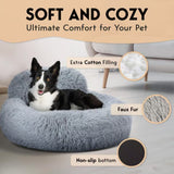 Cozy Plush Donut Pet Bed with Raised Rim, Washable Faux Fur Cat & Dog Couch, Winter Warm Supportive Nest for Small to Large Breeds (L, Navy)
