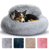 Cozy Plush Donut Pet Bed with Raised Rim, Washable Faux Fur Cat & Dog Couch, Winter Warm Supportive Nest for Small to Large Breeds (S, Brown)