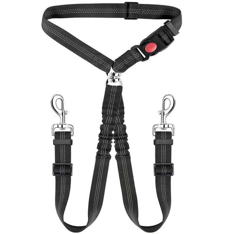 Dual-Head Pet Car Seat Belt with 360° Swivel Tangle-Free Leash for Two Dogs - Adjustable Safety Restraint for Car Travel and Outdoor Walking, Reflective Nylon Webbing (Black) In Australia - Darrahopens