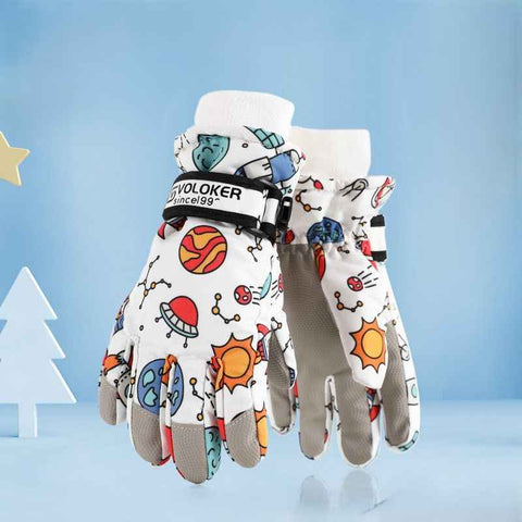 Waterproof Winter Snow Gloves for Kids with Touchscreen, Cartoon Print Design, Warm Fleece Lining, Adjustable Wrist Strap, Ideal for Skiing, Snowman Building, and Outdoor Play (L, White(Space))