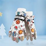 Waterproof Winter Snow Gloves for Kids with Touchscreen, Cartoon Print Design, Warm Fleece Lining, Adjustable Wrist Strap, Ideal for Skiing, Snowman Building, and Outdoor Play (M, White(Monster))