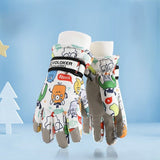 Waterproof Winter Snow Gloves for Kids with Touchscreen, Cartoon Print Design, Warm Fleece Lining, Adjustable Wrist Strap, Ideal for Skiing, Snowman Building, and Outdoor Play (M, White(Panda))
