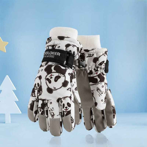 Waterproof Winter Snow Gloves for Kids with Touchscreen, Cartoon Print Design, Warm Fleece Lining, Adjustable Wrist Strap, Ideal for Skiing, Snowman Building, and Outdoor Play (S, White(Panda))