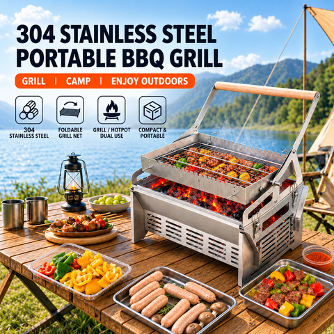 Foldable Portable Flip BBQ Grill and Fire Pit, 304 Stainless Steel Outdoor Camping Picnic Garden Barbecue Stove with Wooden Handle and Storage Bag (Silver) In Australia - Darrahopens