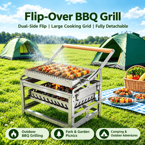 Darrahopens Home & Garden > BBQ > BBQs & Accessories Portable Double-Sided Flip Charcoal Grill with 304 Stainless Steel Body and Wooden Handles for Outdoor Camping Picnics Park Parties and Garden Barbecues (A) In Australia - Darrahopens