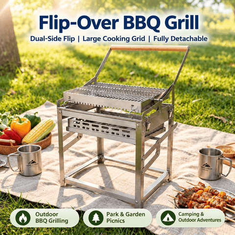 Darrahopens Home & Garden > BBQ > BBQs & Accessories Portable Double-Sided Flip Charcoal Grill with 304 Stainless Steel Body and Wooden Handles for Outdoor Camping Picnics Park Parties and Garden Barbecues (B) In Australia - Darrahopens