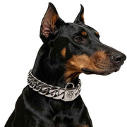 Premium Stainless Steel Cuban Link Dog Collar with Dog Head Buckle – Stylish, Durable, and Comfortable for Large Breeds, Perfect for Daily Walks and Fashion-Forward Pet Accessories (Gold, 32mm*75cm（30in）) In Australia - Darrahopens