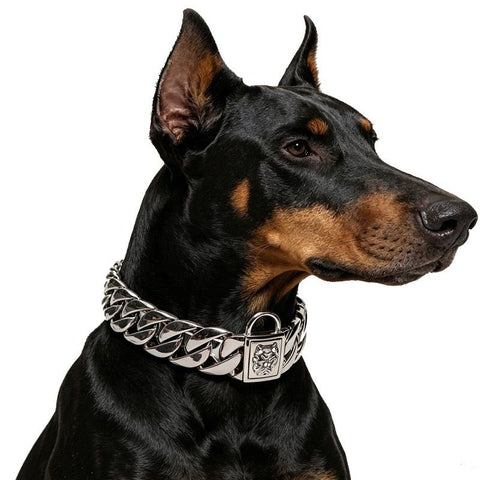 Premium Stainless Steel Cuban Link Dog Collar with Dog Head Buckle – Stylish, Durable, and Comfortable for Large Breeds, Perfect for Daily Walks and Fashion-Forward Pet Accessories (Silver, 32mm*65cm（26in）)