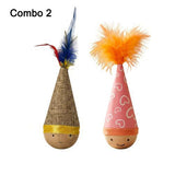 Self-Righting Pet Toy with Natural Wood Base and Durable Fabric Top, Featuring Feather Options and Playful Smile Design, Perfect for Indoor Cats and Small Dogs to Chase, Bat, and Enjoy Endless Fun. (Combo1)