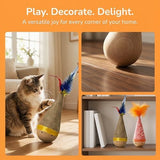 Self-Righting Pet Toy with Natural Wood Base and Durable Fabric Top, Featuring Feather Options and Playful Smile Design, Perfect for Indoor Cats and Small Dogs to Chase, Bat, and Enjoy Endless Fun. (Combo1)